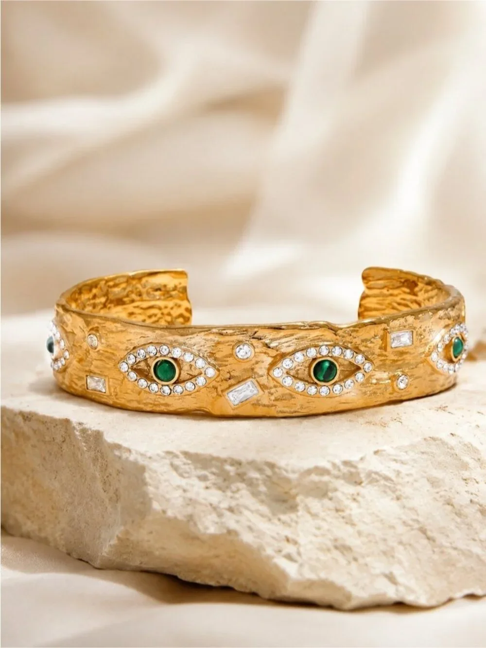 Gold plated Cuff Bracelet with Green Eye Accents